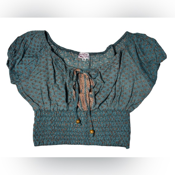 Paths Of The Spirit Teal Floral Short Puff Sleeve Ruched Front Tie Crop Top XL - Picture 3 of 5